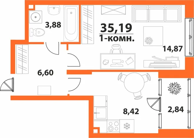 Планировка 1-комн. квартира, 35.19 м² ЖК «Аквамарин 2» Планировка 1-комн. квартира, 35.19 м² ЖК «Аквамарин 2»
