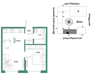 Планировка 2-комн. квартира, 37.24 м² ЖК «Остров-сад»