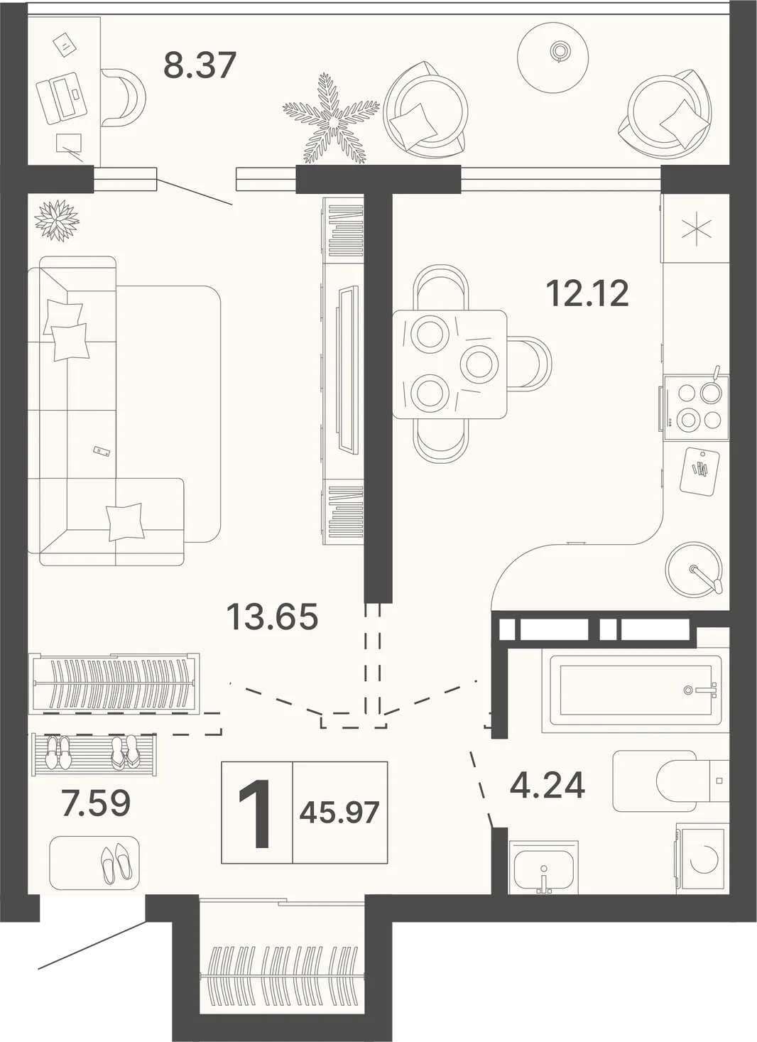 Планировка 1-комн. квартира, 45.97 м² ЖК «Светский лес»