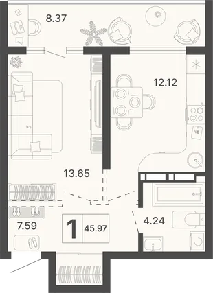 Планировка 1-комн. квартира, 45.97 м² ЖК «Светский лес»