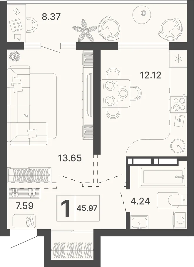 Планировка 1-комн. квартира, 45.97 м² ЖК «Светский лес» Планировка 1-комн. квартира, 45.97 м² ЖК «Светский лес»