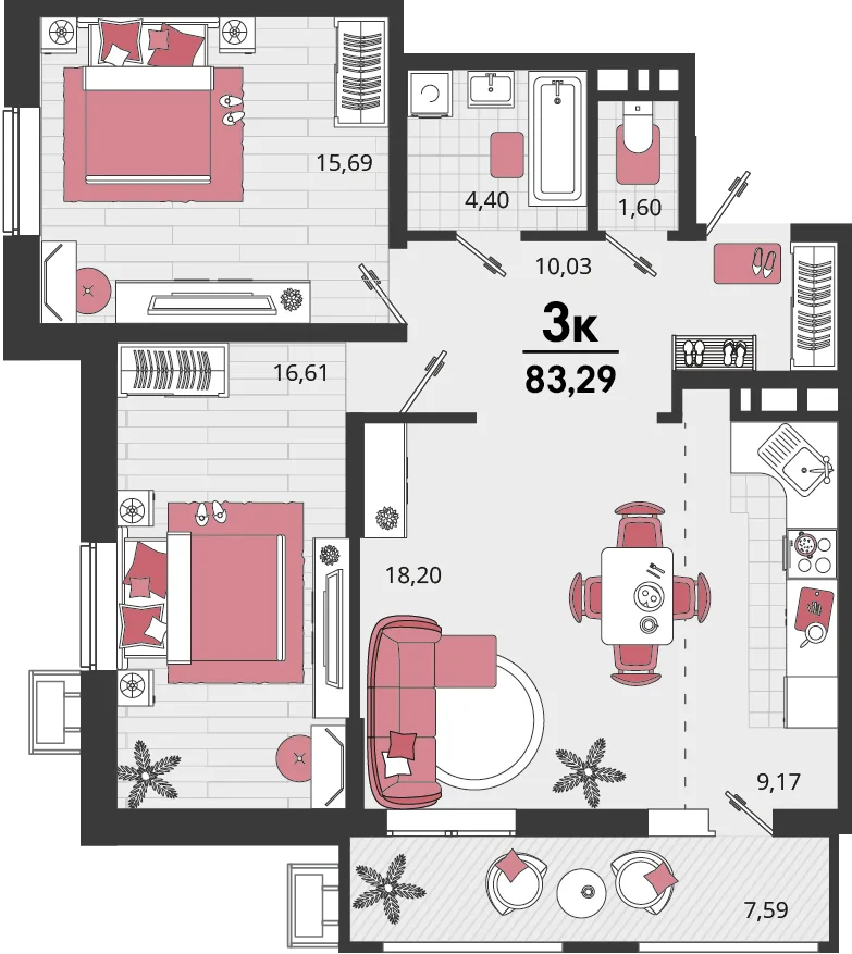 Планировка 3-комн. квартира, 83.29 м² ЖК «Родные просторы»
