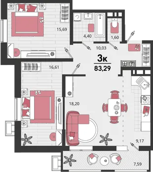 Планировка 3-комн. квартира, 83.29 м² ЖК «Родные просторы»