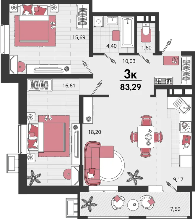 Планировка 3-комн. квартира, 83.29 м² ЖК «Родные просторы» Планировка 3-комн. квартира, 83.29 м² ЖК «Родные просторы»