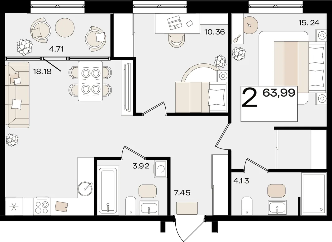Планировка 2-комн. квартира, 63.99 м² ЖК «Патрики»