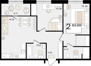 Планировка 2-комн. квартира, 63.99 м² ЖК «Патрики»