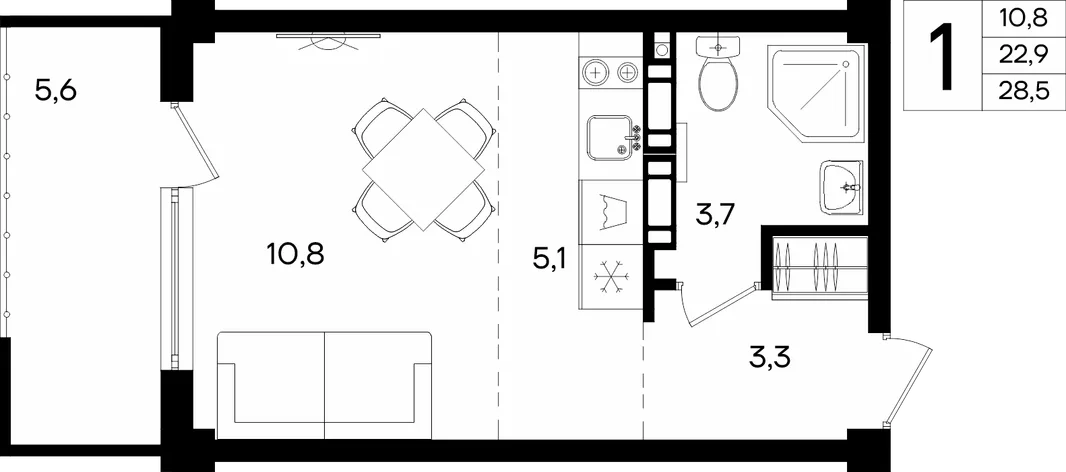 Планировка 1-комн. квартира, 28.5 м² Апарт-комплекс «Альморе»