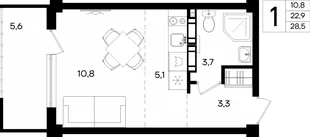 Планировка 1-комн. квартира, 28.5 м² Апарт-комплекс «Альморе»