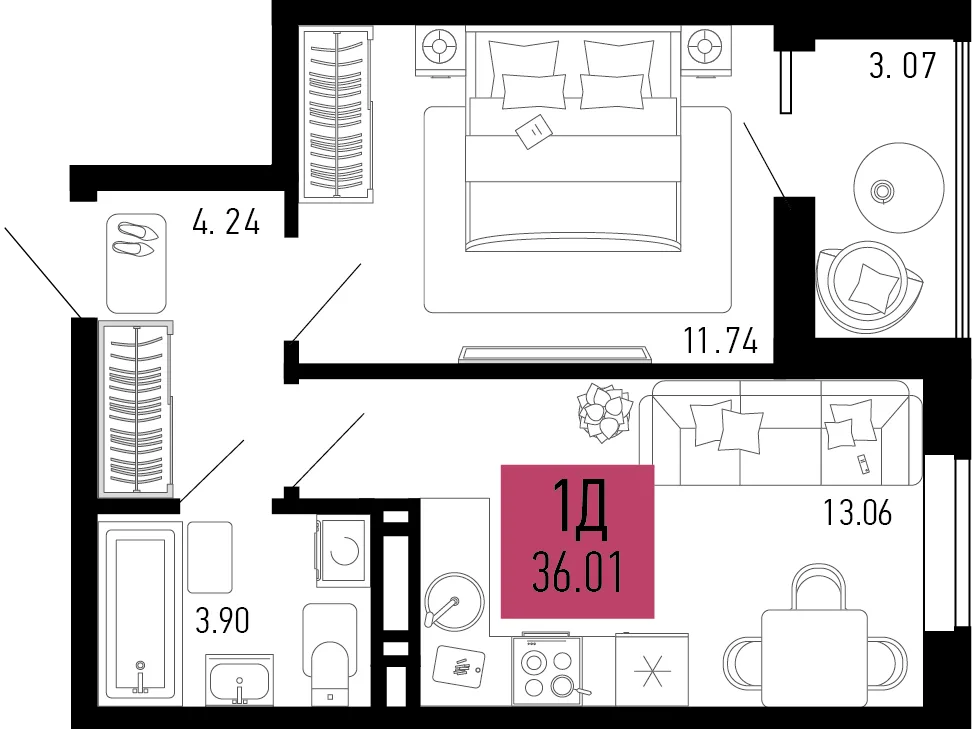 Планировка 1-комн. квартира, 36.01 м² ЖК «Столицыно»