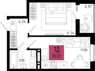 Планировка 1-комн. квартира, 36.01 м² ЖК «Столицыно»