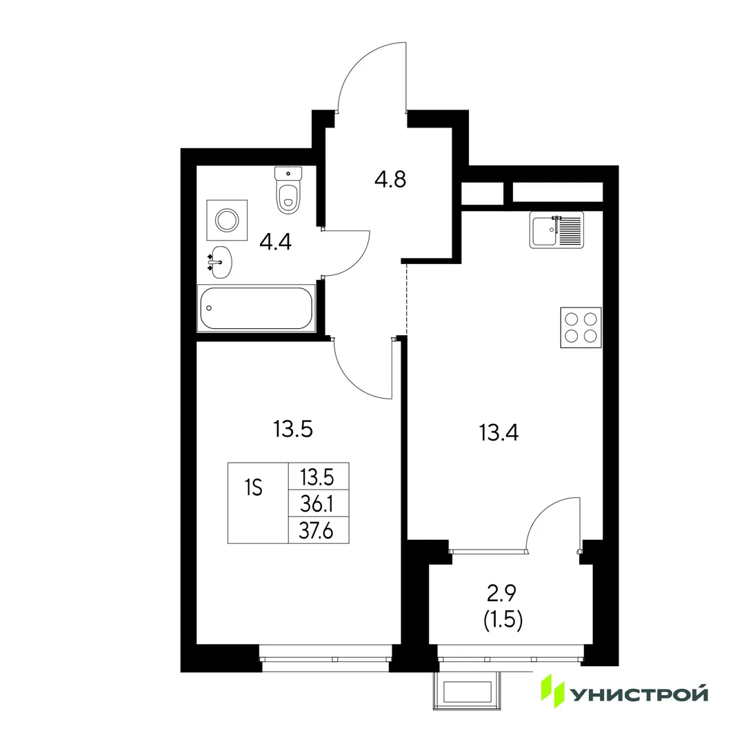 Планировка 1-комн. квартира, 37.6 м² ЖК «Стадиум»