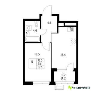 Планировка 1-комн. квартира, 37.6 м² ЖК «Стадиум»