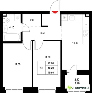 Планировка 2-комн. квартира, 49.6 м² ЖК «Уникод на Технической»