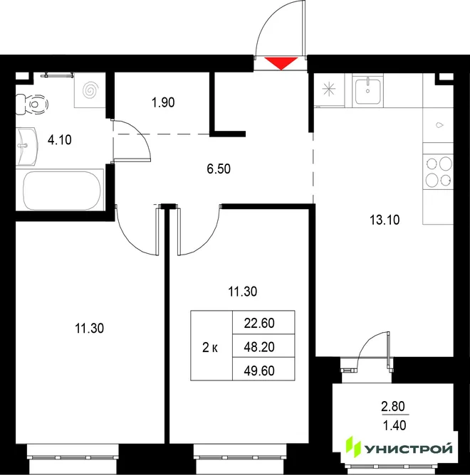 Планировка 2-комн. квартира, 49.6 м² ЖК «Уникод на Технической»