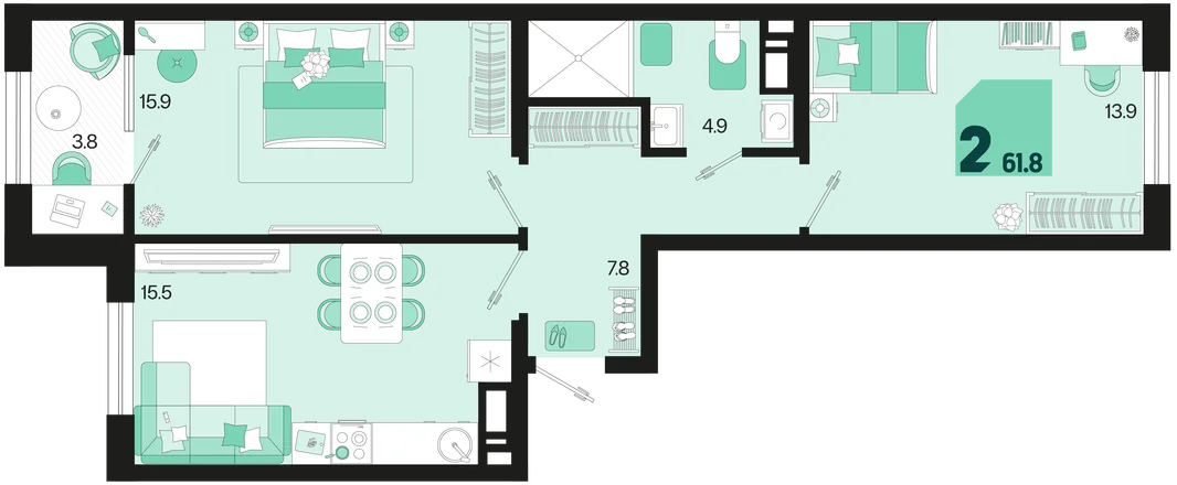 Планировка 2-комн. квартира, 61.8 м² ЖК «Первое место»