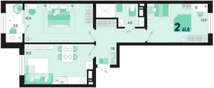 Планировка 2-комн. квартира, 61.8 м² ЖК «Первое место»