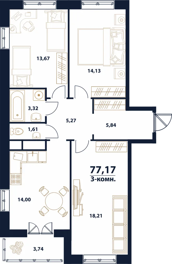 Планировка 3-комн. квартира, 77.17 м² ЖК «Атмосфера» Планировка 3-комн. квартира, 77.17 м² ЖК «Атмосфера»