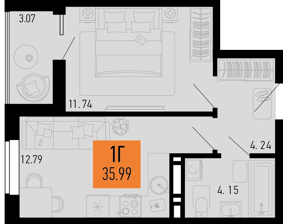 Планировка 1-комн. квартира, 35.99 м² ЖК «Столицыно»