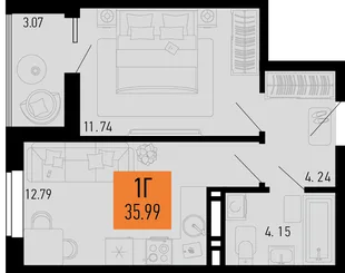 Планировка 1-комн. квартира, 35.99 м² ЖК «Столицыно»