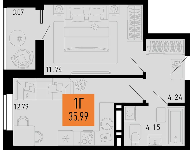 Планировка 1-комн. квартира, 35.99 м² ЖК «Столицыно» Планировка 1-комн. квартира, 35.99 м² ЖК «Столицыно»