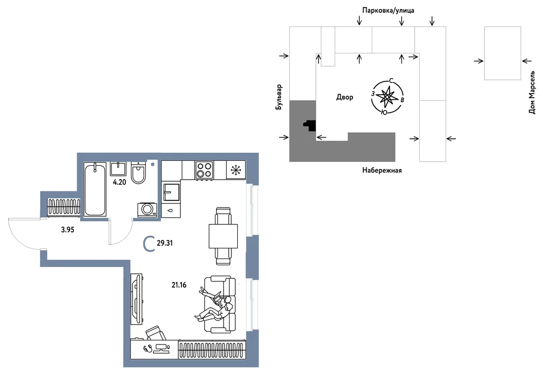 Планировка Студия, 29.31 м² ЖК «Европейский берег 2.0»