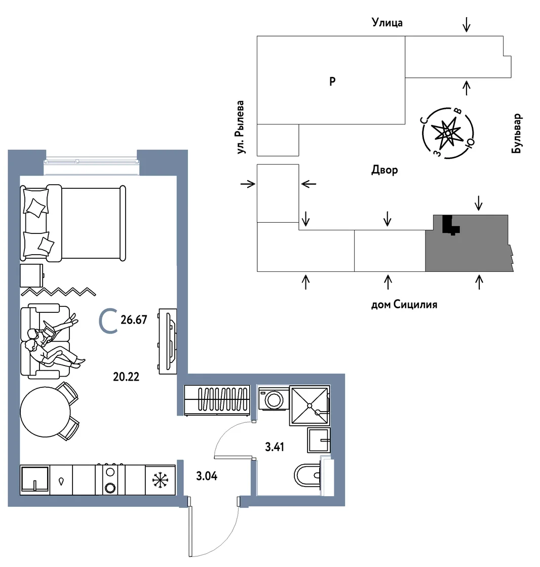 Планировка Студия, 26.67 м² ЖК «Остров-сад»