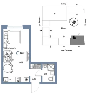 Планировка Студия, 26.67 м² ЖК «Остров-сад»