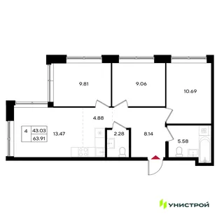 Планировка 4-комн. квартира, 63.91 м² ЖК «Уникум на Энгельса»