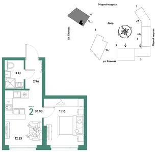 Планировка 2-комн. квартира, 30.08 м² ЖК «Сибирский сад»