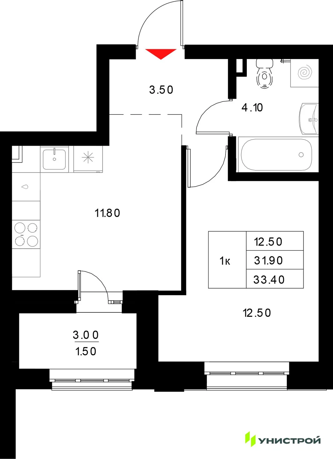 Планировка 1-комн. квартира, 33.4 м² ЖК «Уникод на Технической»