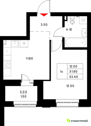 Планировка 1-комн. квартира, 33.4 м² ЖК «Уникод на Технической»