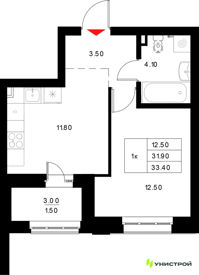 Планировка 1-комн. квартира, 33.4 м² ЖК «Уникод на Технической»