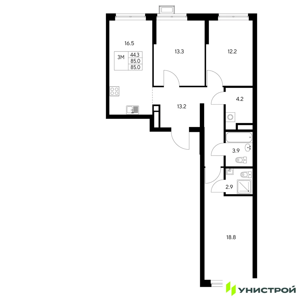 Планировка 3-комн. квартира, 85 м² ЖК «Стадиум»