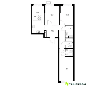 Планировка 3-комн. квартира, 85 м² ЖК «Стадиум»
