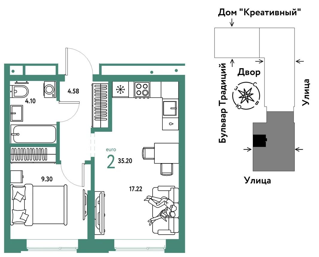 Планировка 2-комн. квартира, 35.2 м² ЖК «Микрорайон Домашний»