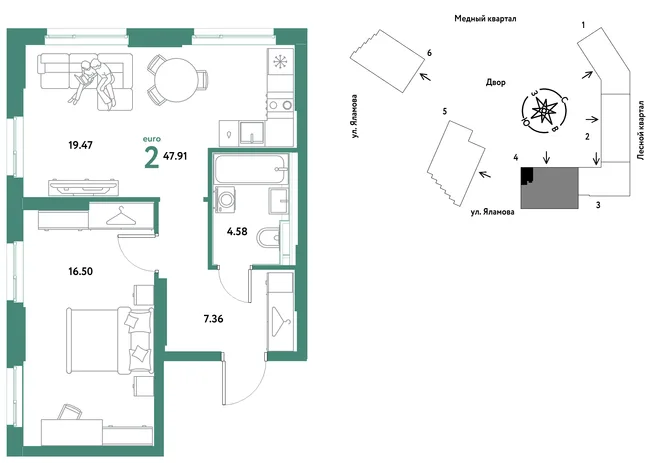 Планировка 2-комн. квартира, 47.91 м² ЖК «Сибирский сад» Планировка 2-комн. квартира, 47.91 м² ЖК «Сибирский сад»