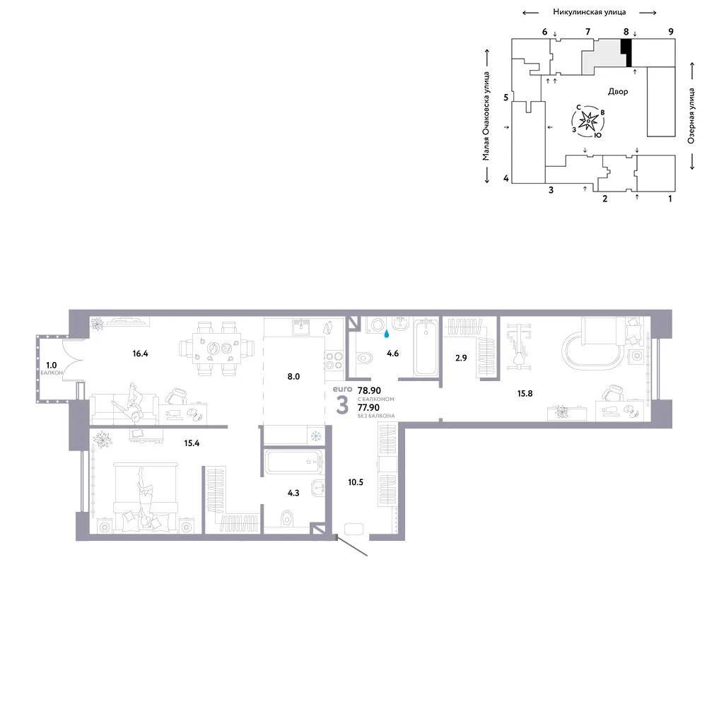 Планировка 3-комн. квартира, 78.9 м² ЖК «Страна.Озёрная»