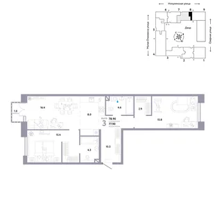 Планировка 3-комн. квартира, 78.9 м² ЖК «Страна.Озёрная»