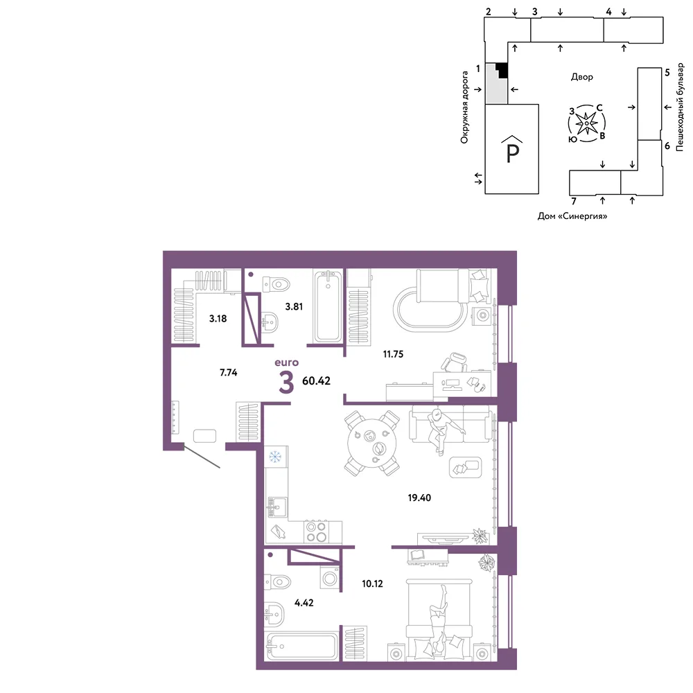Планировка 3-комн. квартира, 60.42 м² ЖК «Юнион»