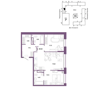 Планировка 3-комн. квартира, 60.42 м² ЖК «Юнион»