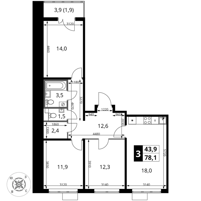 Планировка 3-комн. квартира, 78.1 м² ЖК «1-й Шереметьевский» Планировка 3-комн. квартира, 78.1 м² ЖК «1-й Шереметьевский»