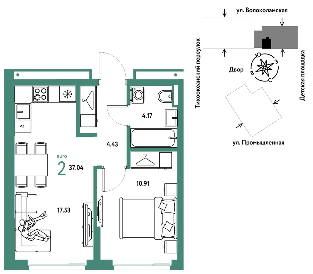Планировка 2-комн. квартира, 37.04 м² ЖК «Страна Прибрежная»