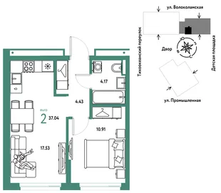 Планировка 2-комн. квартира, 37.04 м² ЖК «Страна Прибрежная»