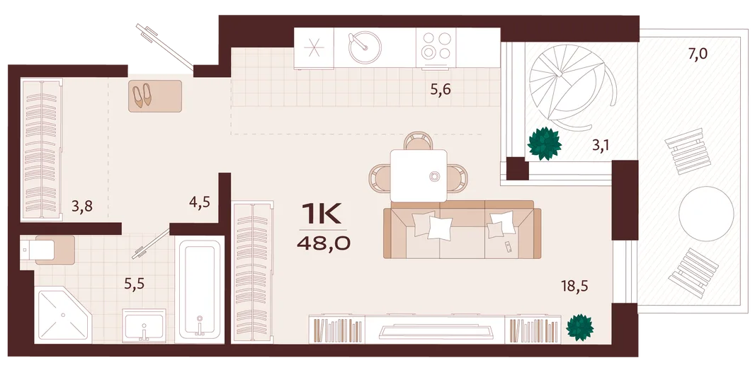 Планировка 1-комн. квартира, 48 м² ЖК «Роялта»