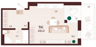 Планировка 1-комн. квартира, 48 м² ЖК «Роялта»