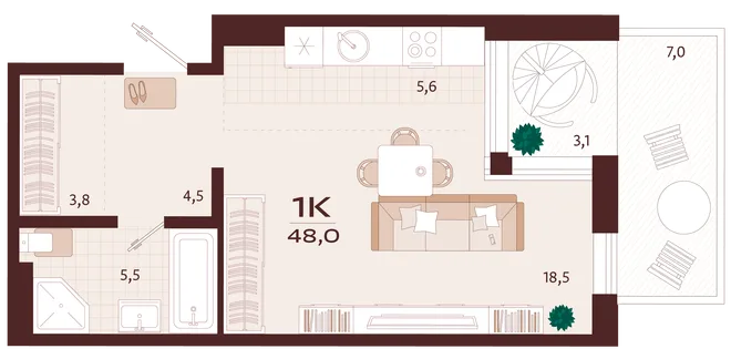 Планировка 1-комн. квартира, 48 м² ЖК «Роялта» Планировка 1-комн. квартира, 48 м² ЖК «Роялта»