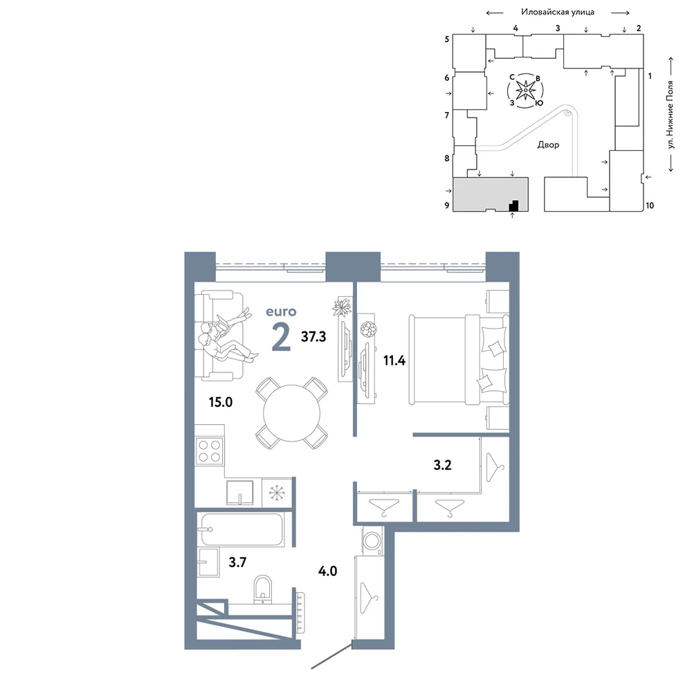 Планировка 2-комн. квартира, 37.3 м² ЖК «Страна.Заречная»