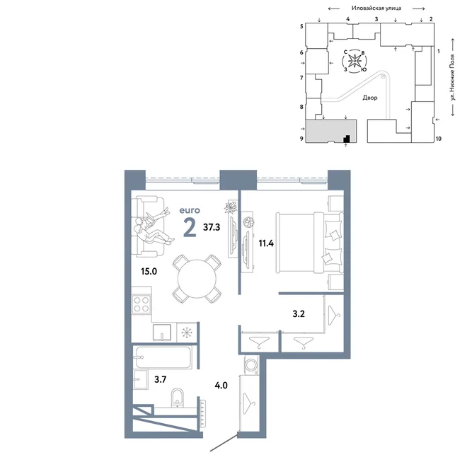 Планировка 2-комн. квартира, 37.3 м² ЖК «Страна.Заречная» Планировка 2-комн. квартира, 37.3 м² ЖК «Страна.Заречная»