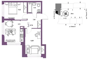 Планировка 3-комн. квартира, 47.76 м² ЖК «Страна.Энтузиастов»
