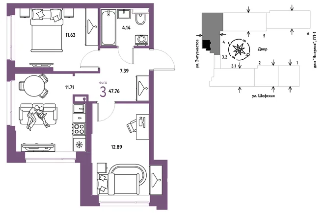 Планировка 3-комн. квартира, 47.76 м² ЖК «Страна.Энтузиастов» Планировка 3-комн. квартира, 47.76 м² ЖК «Страна.Энтузиастов»